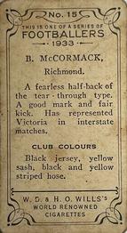 1933 Wills's Victorian Footballers (Small) #15 Basil McCormack Back